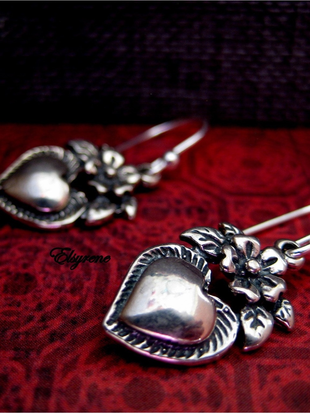 Sacred heart earrings Silver tone Heart & Flower Drop Earrings